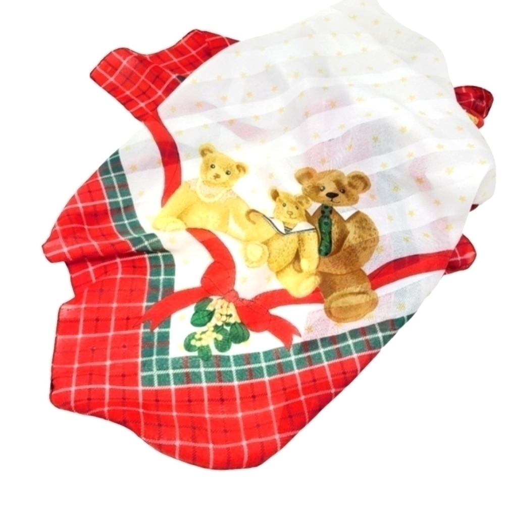 Avon | Vintage White Square Christmas Teddy Themed Scarf/Handkerchief (One Size)